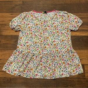 W5 Floral Poof Sleeve Babydoll Boho Top Blouse Sz MEDIUM, Pink White